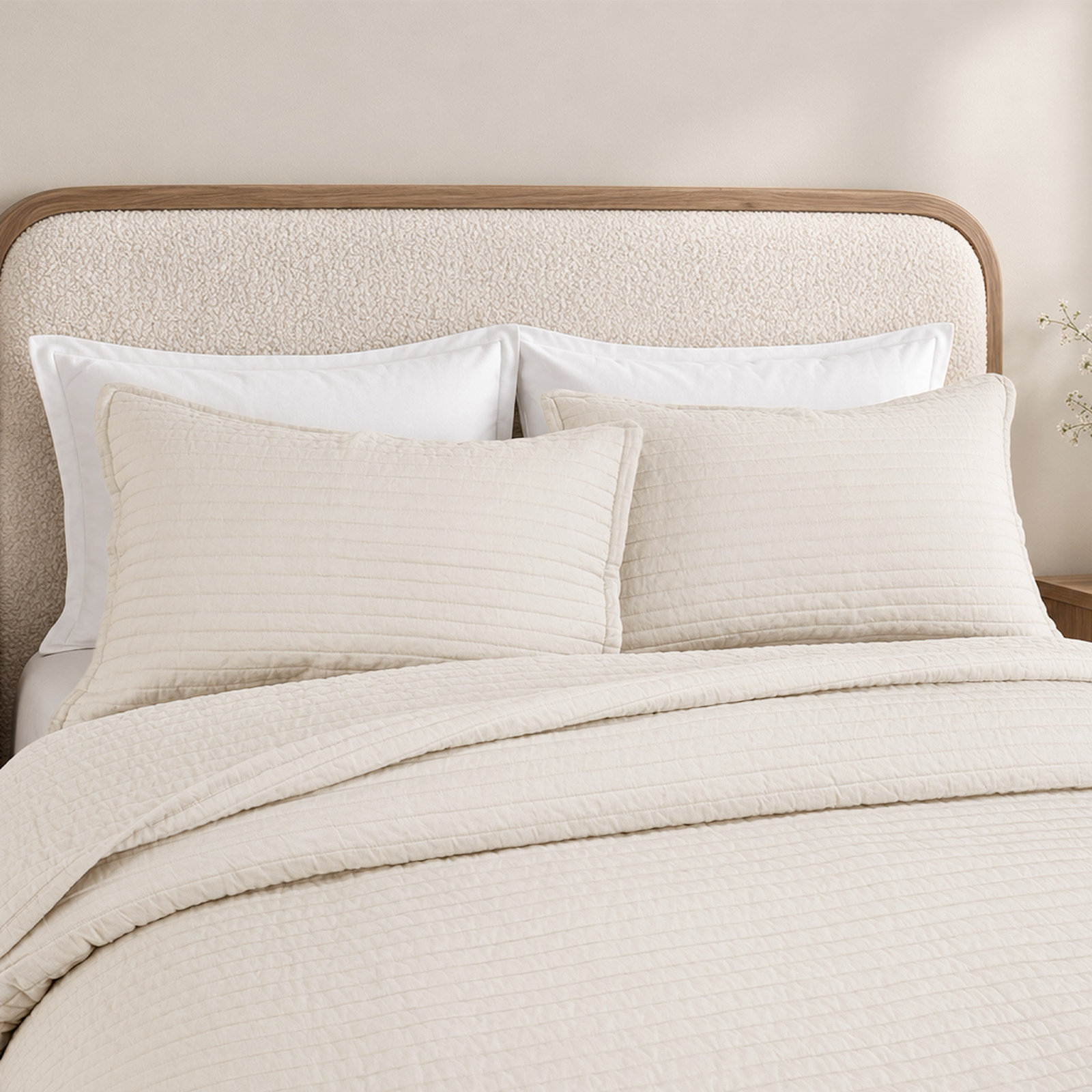 100% French Linen Channel Quilted Breathable Quilt Set With Shams, King Quilt + 2 King Shams, Eggnog