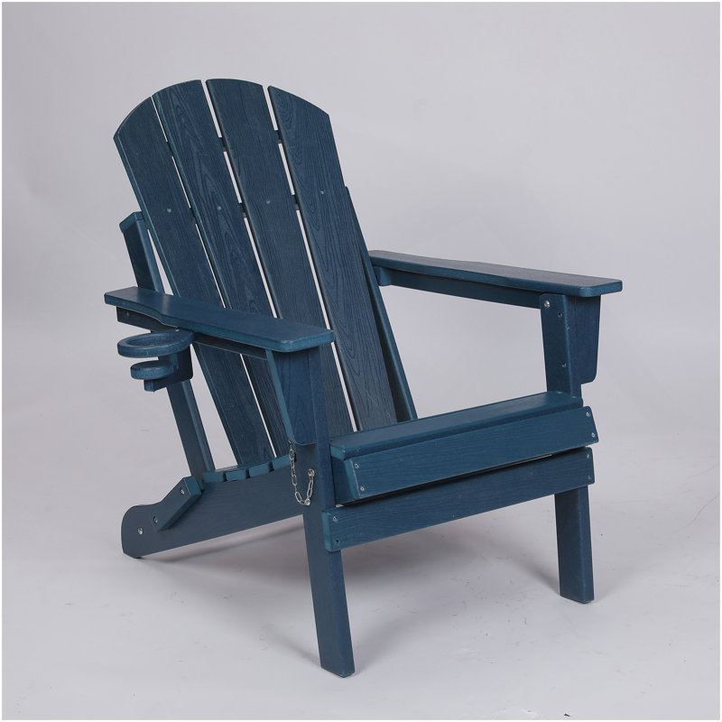 HDPE Folding Adirondack Chair With Dual Cup Holder Composite Adirondack Chair With Wood Texture, Navy Blue