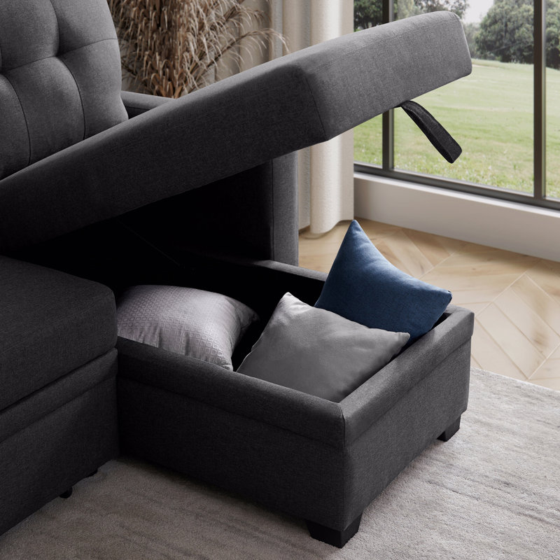 Canapé modulaire convertible rembourré avec méridienne coulissante, Lin gris foncé, Orienté à droite