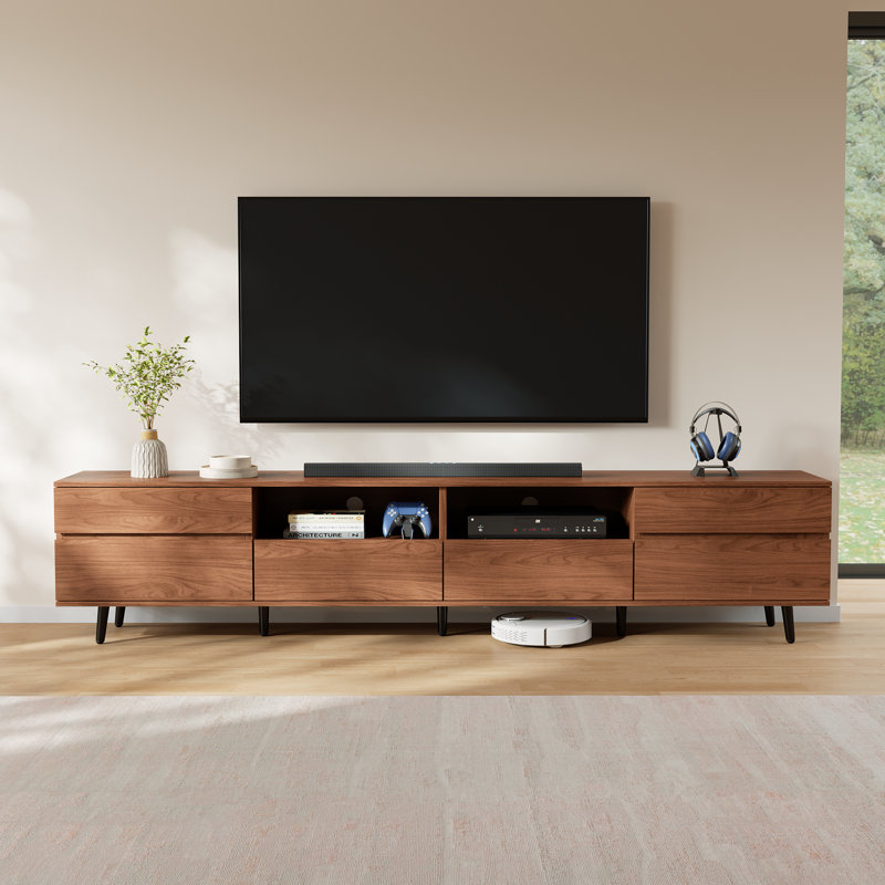 Meuble télé moderne pour téléviseur de 85 po ou moins, console en bois pour le salon avec 6 tiroirs, noyer