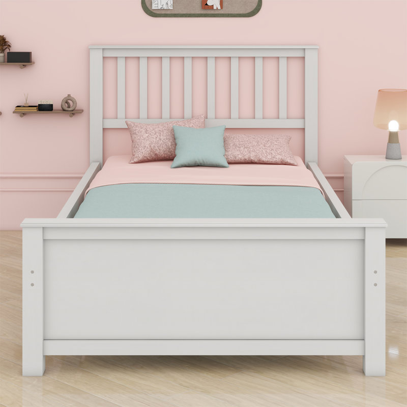 Lit plateforme en bois avec tête de lit, pied de lit et lattes en bois, Blanc