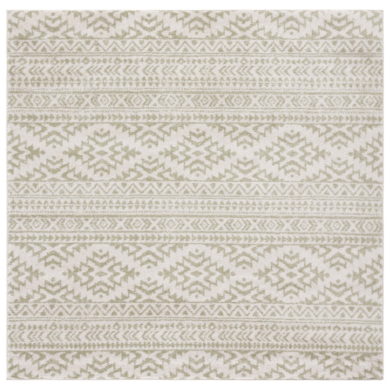 Lorenco Southwestern Machine Made Power Loom Polypropylene Area Rug in Ivory/Sage, Square 6'7"