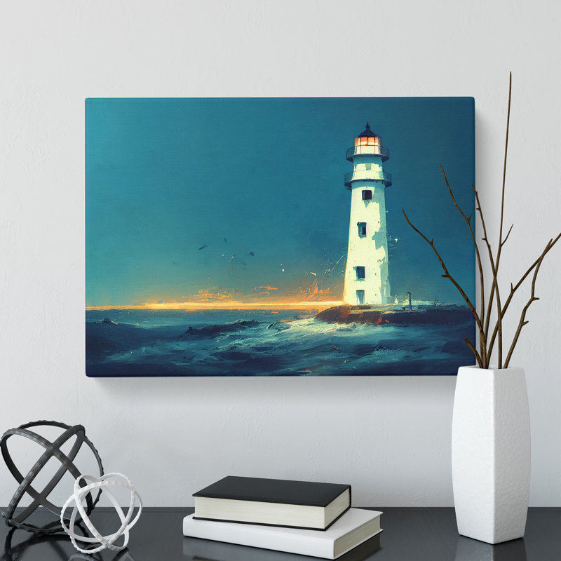 Thrilling Lighthouse Sunrise - Wrapped Canvas Painting, 35cm H x 50cm W x 3cm D