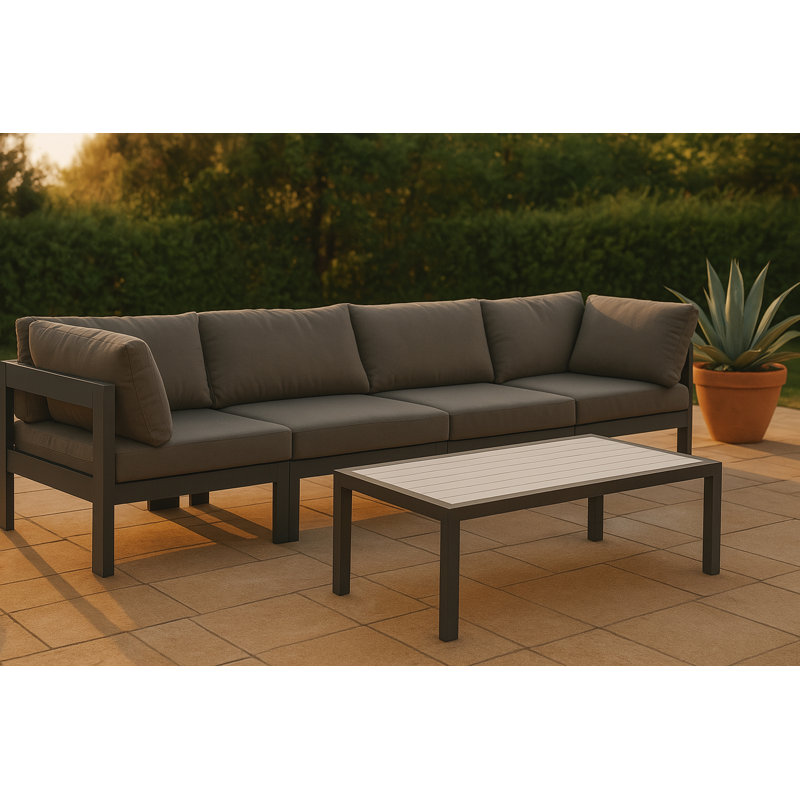 Kylis 120'' Wide Aluminum Patio Sofa with Cushions, Dark Gray, Gray