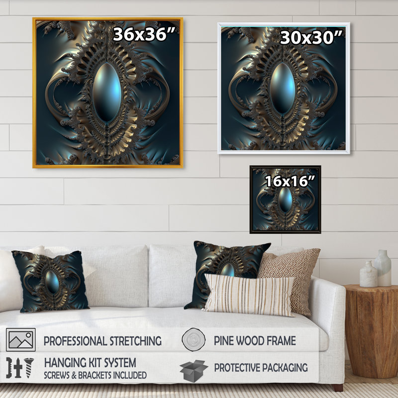 Turquoise fractale excellence II - reproduction sur toile, H 24 po x l 24 po x P 1 po, Toile avec cadre flottant noir