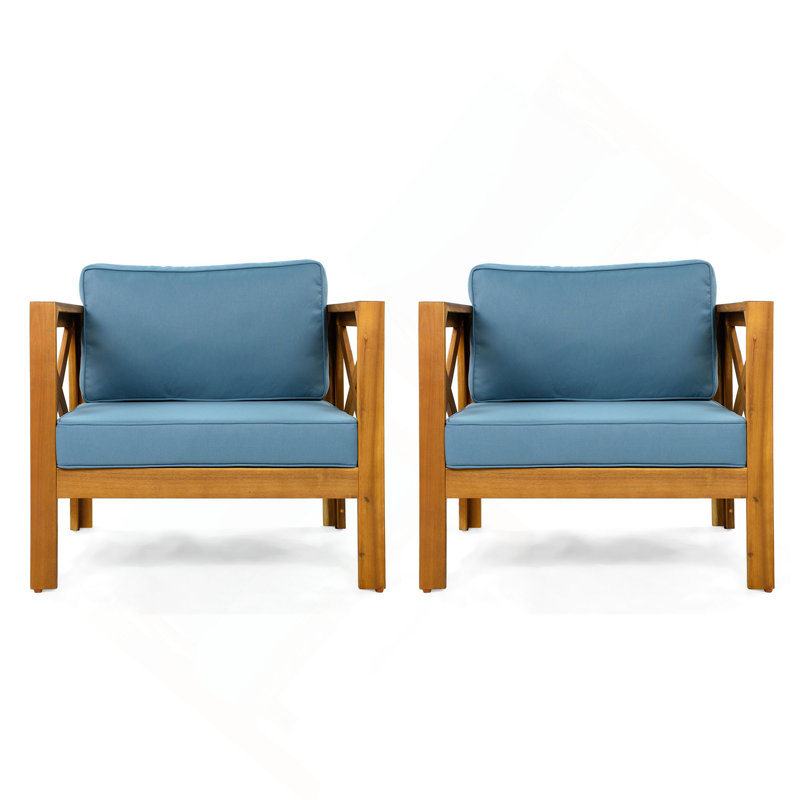 Fauteuil club d'extérieur en bois d'acacia avec coussins (ensemble de 2), ensemble conversation, finition teck, coussin bleu