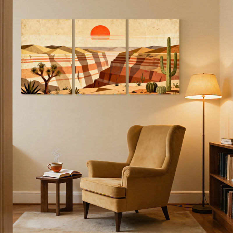 «Landscape & Nature Desert Landscape Sunset Cactus Reflection Mountains Sky», ensemble de 3 impressions sur toile
