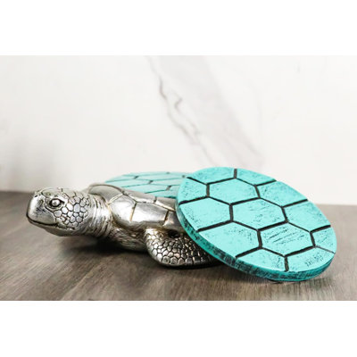 Marine Faux Antiqued Silver Sea Turtle With Turquoise Shell Round Coaster Set