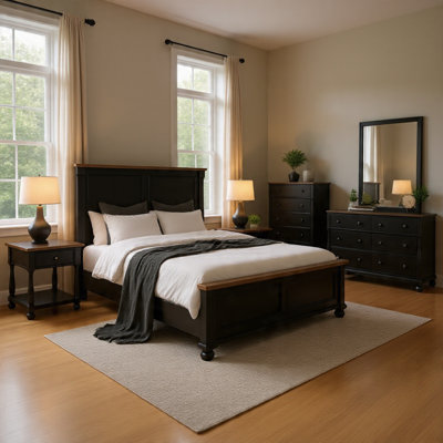 Ginie 5Pc Queen Bedroom Set, USB Bedside Table, Black Rustic Oak Brown