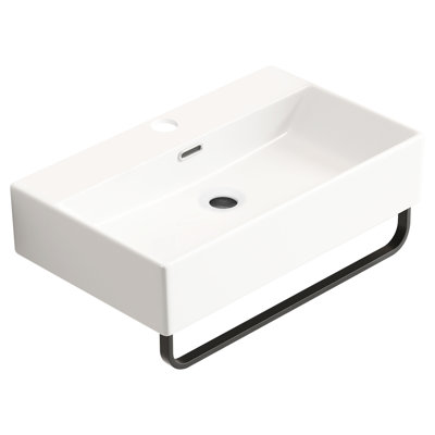 Petit lavabo vasque mural blanc avec trou de robinet, design contemporain, peu encombrant, porte-serviettes, apparence facile à installer