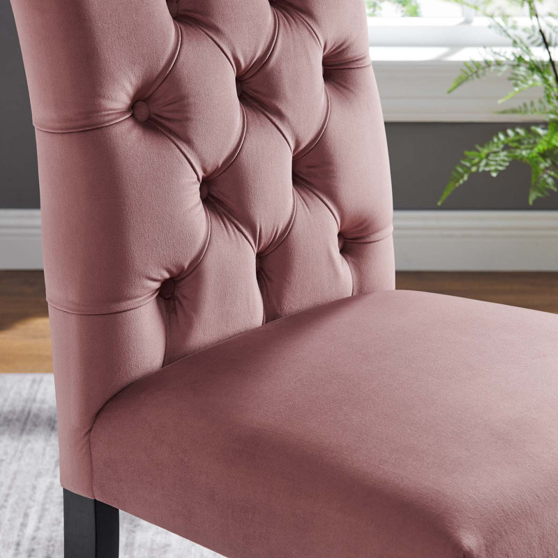 Dusty Rose Velvet Curvy Tufted Side Chair with Wood Legs