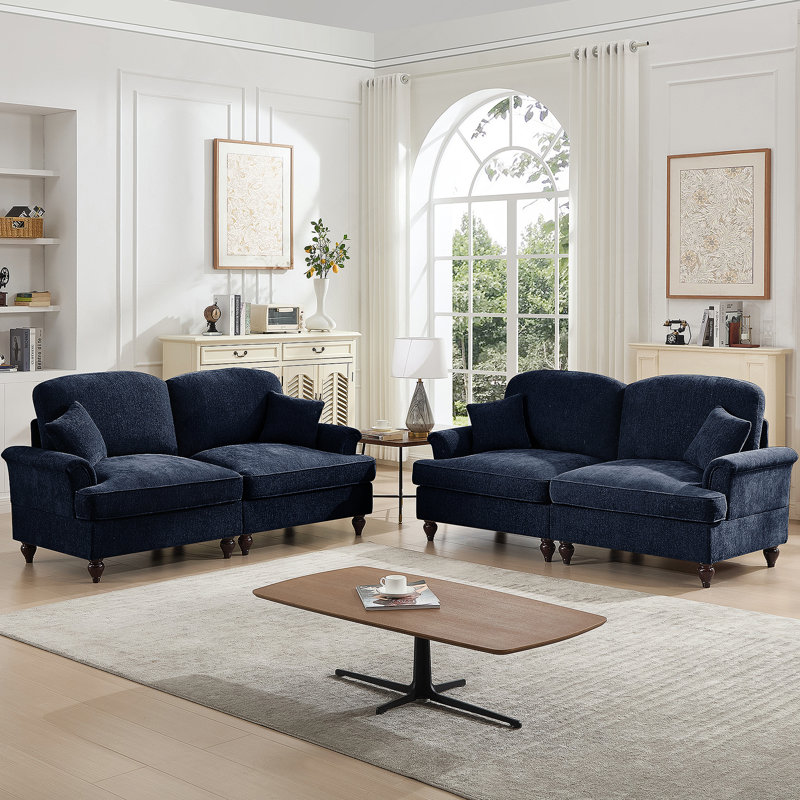 Classic 2 Piece Modular Couch Set With Removable Ruffles, Flared Arms, And Spindle Legs For Elegant Living Room Decor