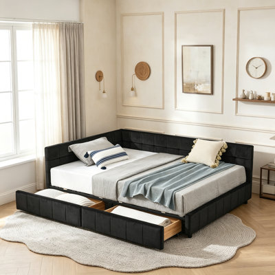 Velvet Upholstered Full Daybed with Storage Drawers, Mid-Century Wood Frame Sofa Bed for Bedroom Living Room, Full Size, Black