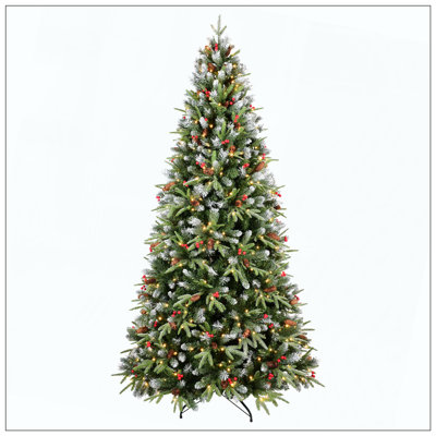 Arbre de Noël avec 500 lumières DEL blanc chaud - 2514 branches en PE + PVC, baies rouges et pommes de pin, conception à charnières, support en métal stable - décoration de Noël réaliste