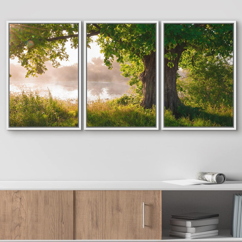 Nature paysage chêne en pleine feuille en été debout seul - ensemble de 3 reproductions de photos, H 36 po x l 72 po, Blanc
