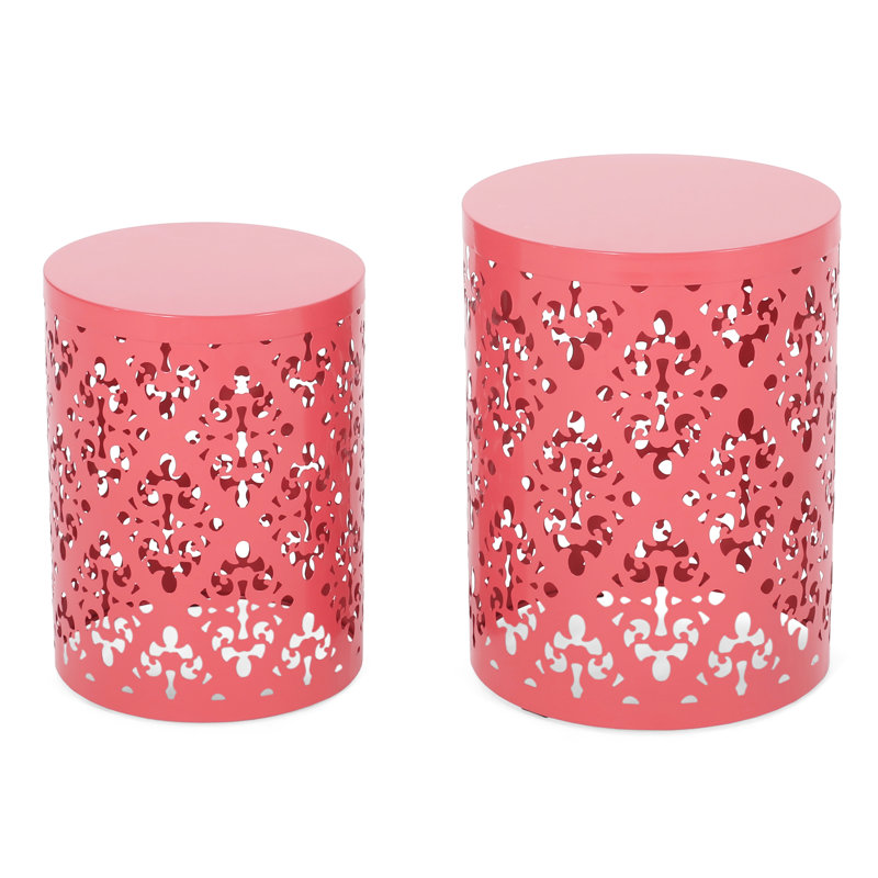 Stylish Metal S/2 End Tables, Iron Cut Design For Fashion, Coral Color, Powder-Coated Frame, No Assembly, 13.75W X 13.75D 18.00H & 11.75W 11.75D 15.75H Table Pair, Modern Pattern, Shade,
