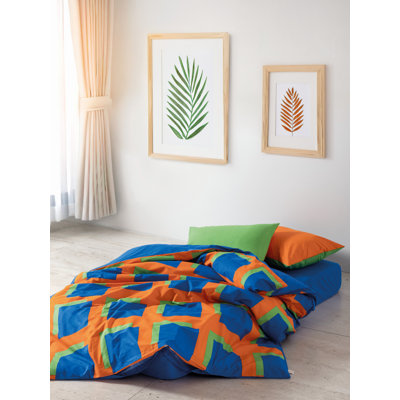 Ensemble de housse de courtepointe double Premium 100% coton, 79 po x 87 po Ranforce | Comprend un drap-housse (63 x 79 po + 11,8 po) et 2 taies d'oreiller (20 x 28 po) | Lavable à la machine, impression réactive, design élégant bleu, vert et orange
