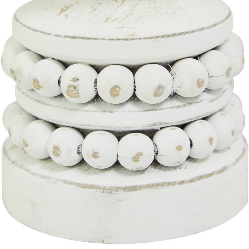 Wood Beaded Pillar Decorative Candle Holder Set, White