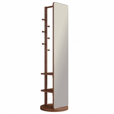 360° Rotating 69"X16" Multifunctional Full Length Mirror With Hook Storage Rack Coat Rack With Mirror Solid Wood Floor Mirror