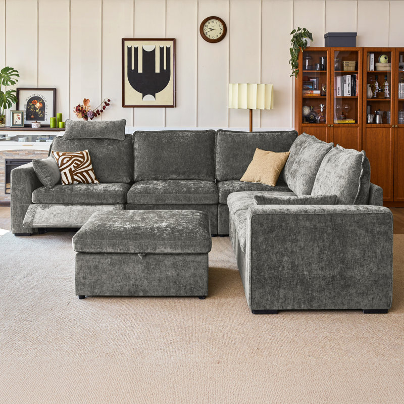 Canapé modulaire surdimensionné en chenille 6 places avec repose-pieds inclinable électrique Olar, Gris chenille