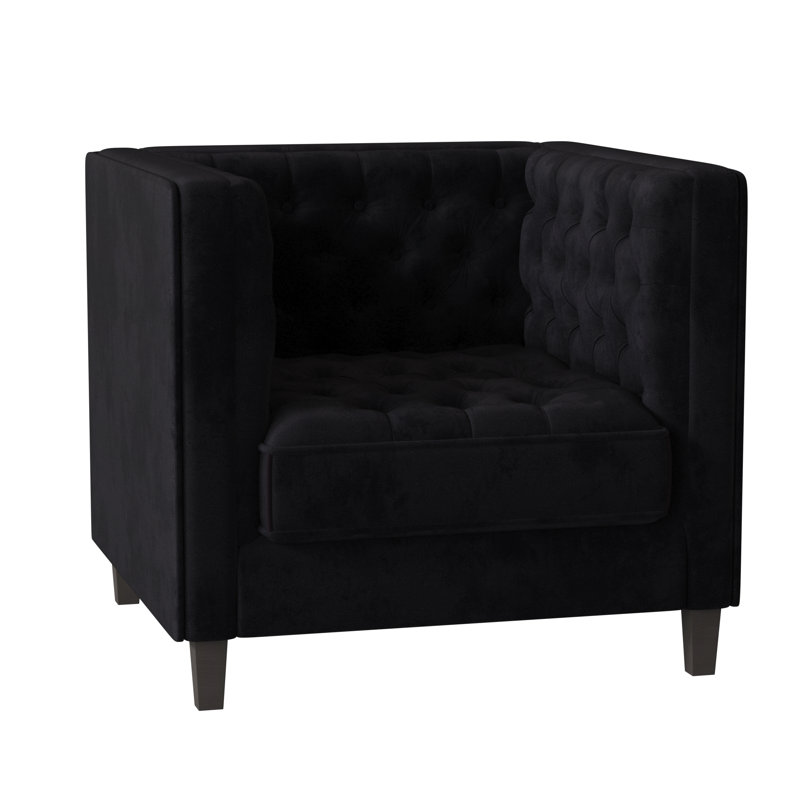Fauteuil capitonné large de 36 po Jess, Velours performance Bella noir, Espresso