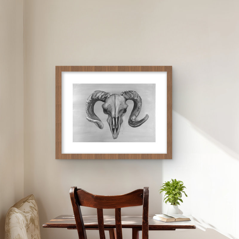 Grayscale Aries Skull - Rustic Framed Print for Home Decor