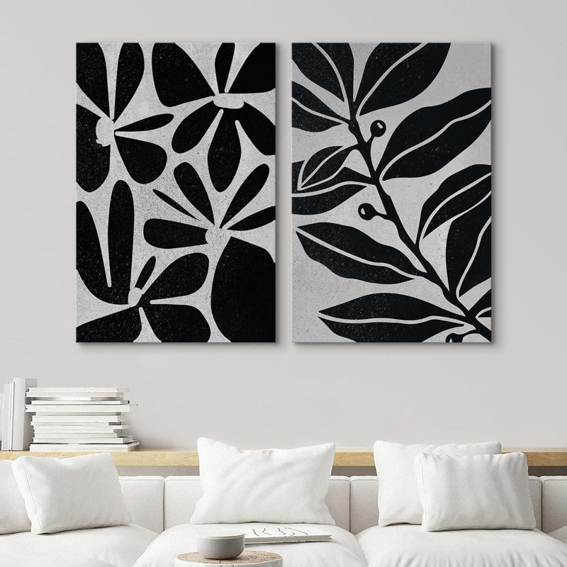 Abstract Botanical " Black Abstract Floral Botanical Prints Minimalist Art Modern Farmhouse Wall Decor " 2 - Pieces