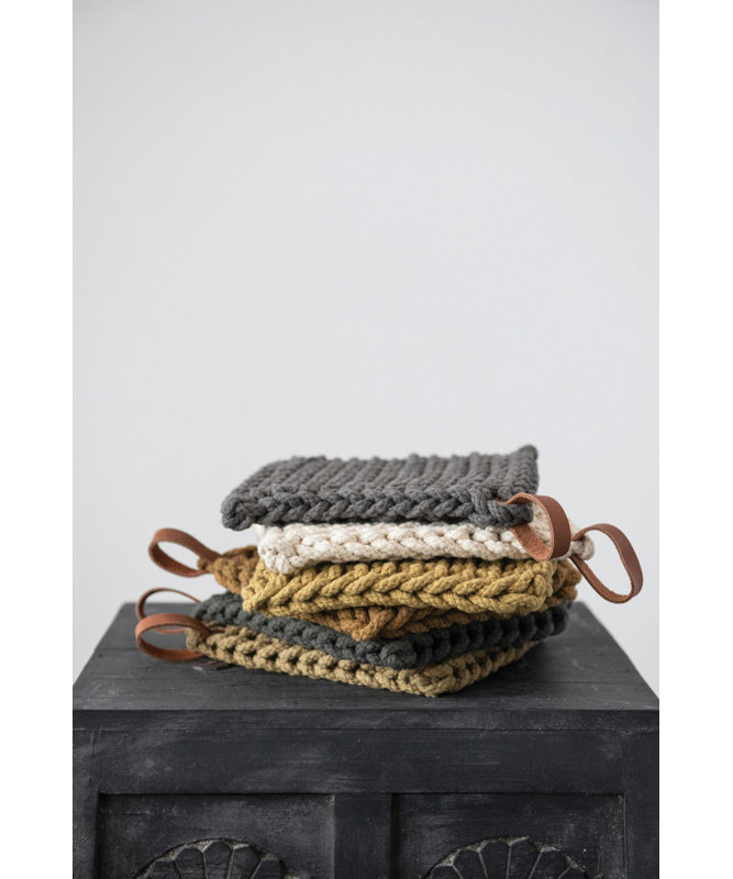 Hand-Crocheted Cotton Pot Holders with Leather Loop, Set of 3