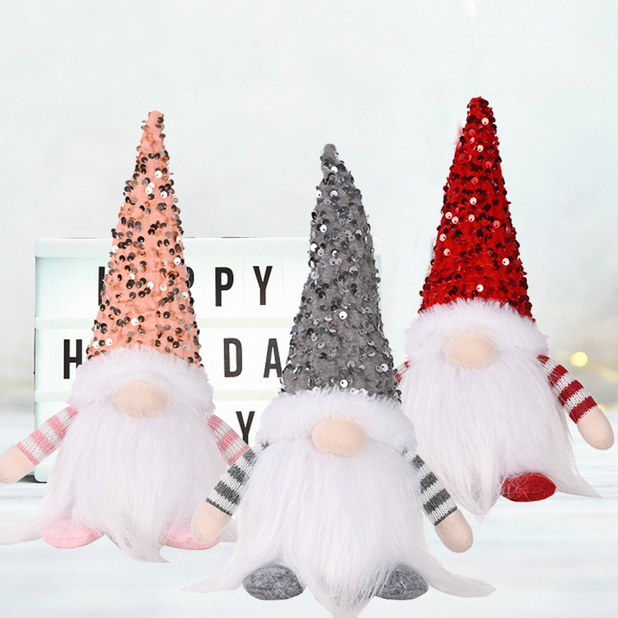 The Holiday Aisle® 3PC Glowing Sequin Christmas Gnome Decorations ...
