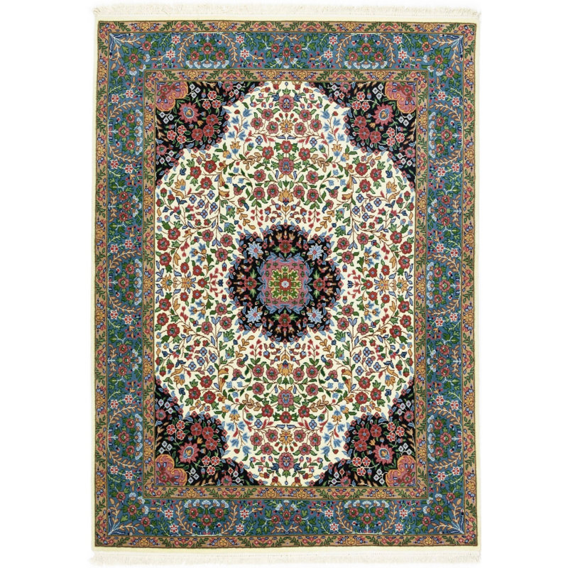 Tapis floral bleu / noir / jaune en laine noué à la main de 5 pi 8 po x 8 pi Poppy-Grace
