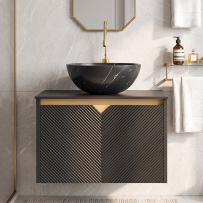 Meuble-lavabo mural 24 po en contreplaqué avec lavabo en céramique et portes doubles en sergé et armoire de rangement noir