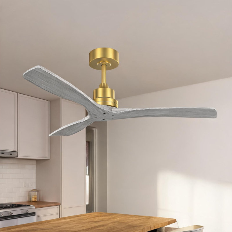 Ventilateur de plafond de 52 pouces avec 3 pales en bois massif et télécommande, boîtier en métal doré doux, montage encastré, moteur à courant continu réversible