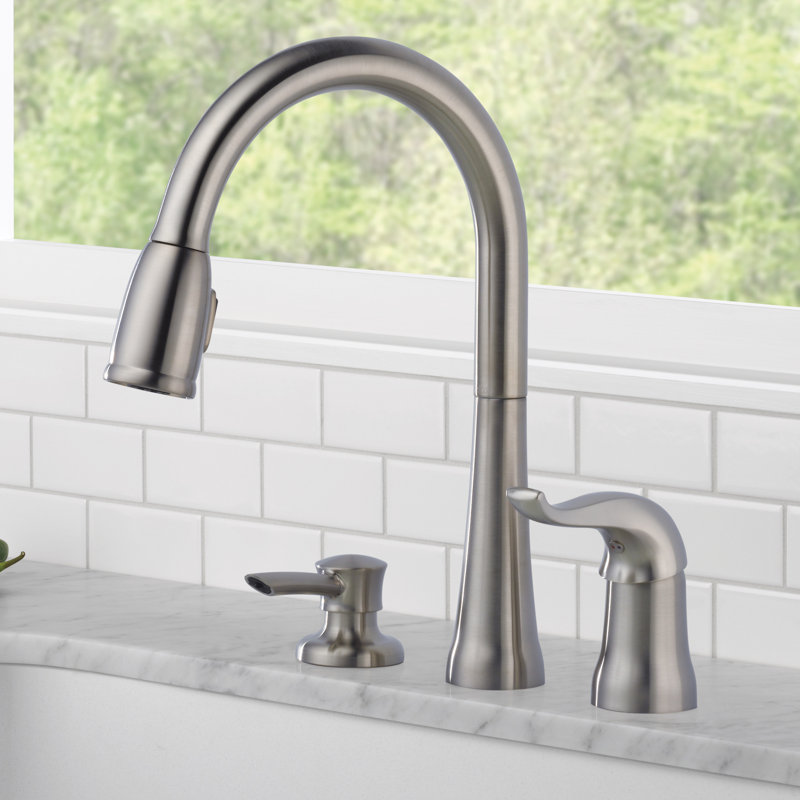 Kate Brushed Nickel Kitchen Faucet with Pull Down Sprayer and Soap Disperser, Modern Two Hole Kitchen Sink Faucet, Single Handle, Stainless
