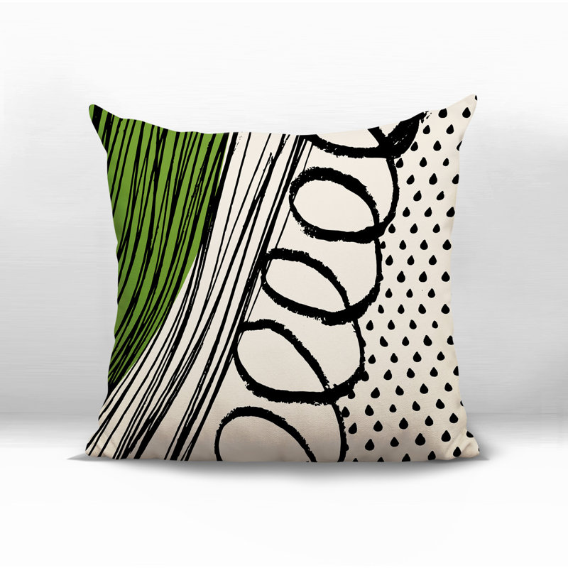 Oreiller carré réversible intérieur / extérieur Toba, H 19 po x l 19 po, Chartreuse / noir / blanc cassé abstrait