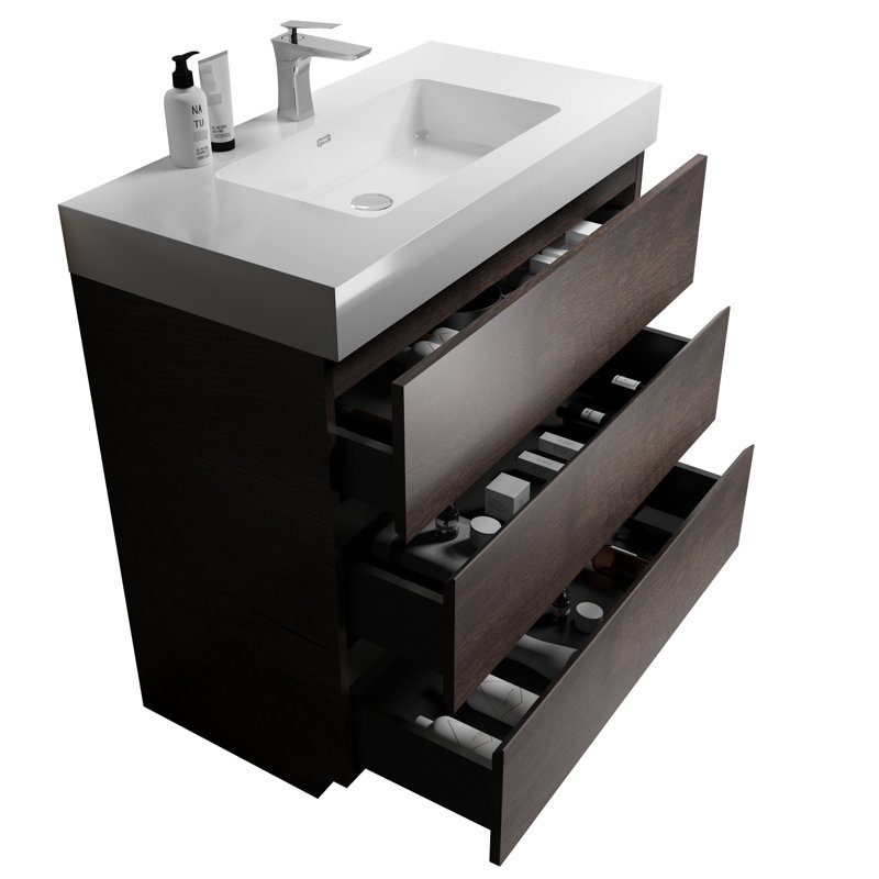 Meuble-lavabo de salle de bain 36 po - Noyer, lavabo blanc, rangement maximisé, glissières, finition élégante, poignée - Combinaisons de conceptions de, idée moderne