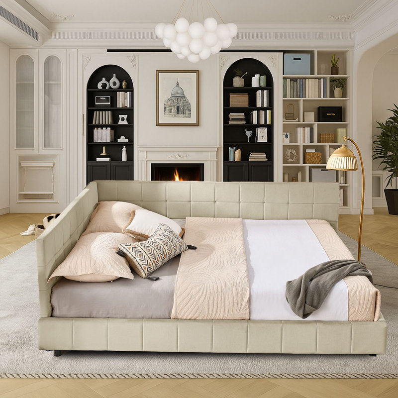 Modern Upholstered Daybed with Channel-Tufted Backrest, queen Size, Beige