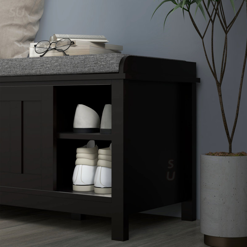 Banc d'entrée pour chaussures avec portes coulissantes, tablettes réglables, 6 compartiments et siège rembourré pour le rangement organisé