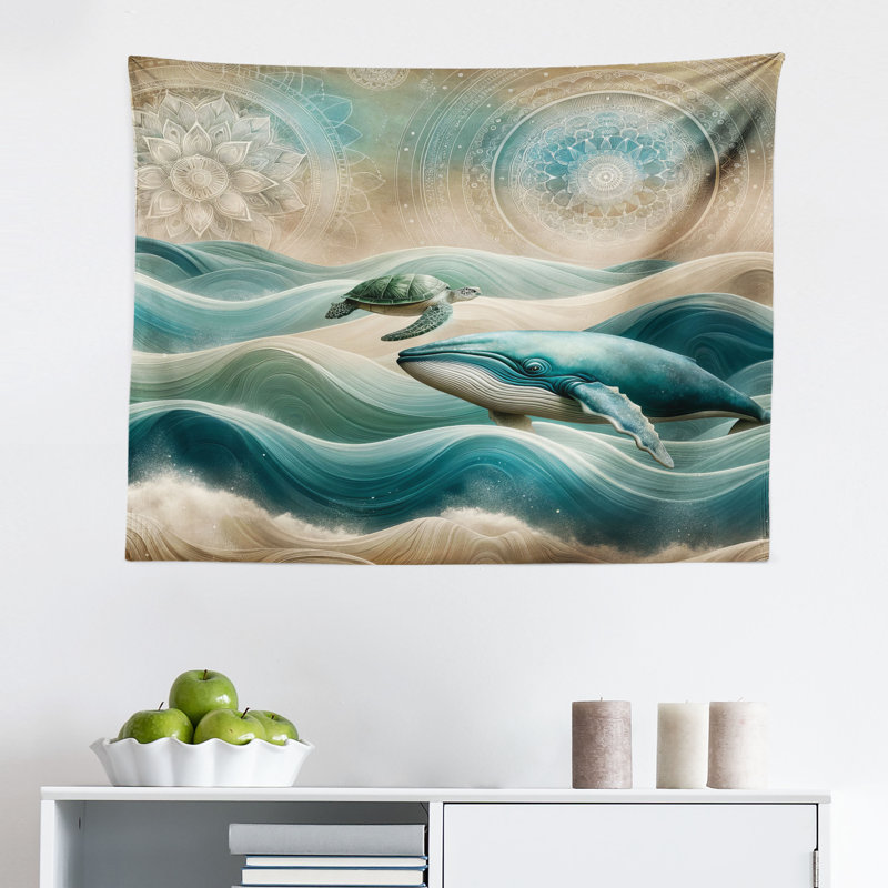 Highland Dunes Nautical Wall Hanging Tapestry Mandala Whale and Turtle Teal Ecru Blue, H 30 po x l 45 po