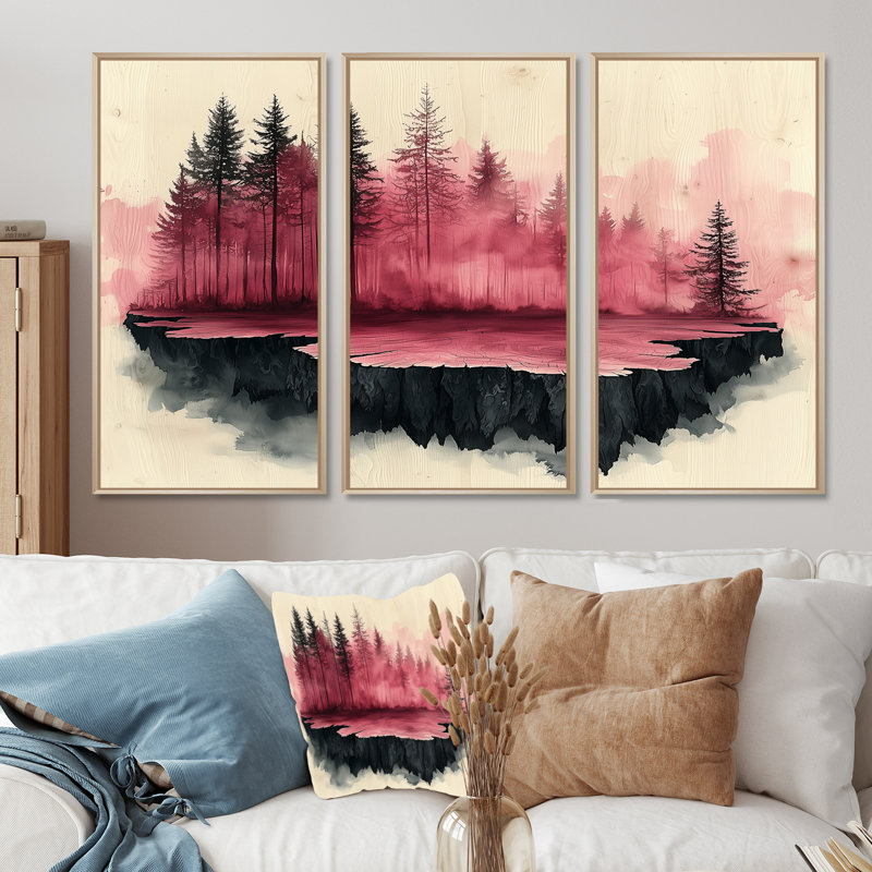 Le flux enchanté de la forêt de roses en cristal II - art mural forêt - ensemble de 3, H 40 po x l 60 po, Érable