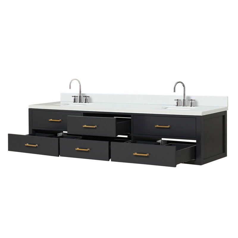 Meuble-lavabo double noir 84 po X P 22 po D, plateau en marbre de culture et robinet, Noir