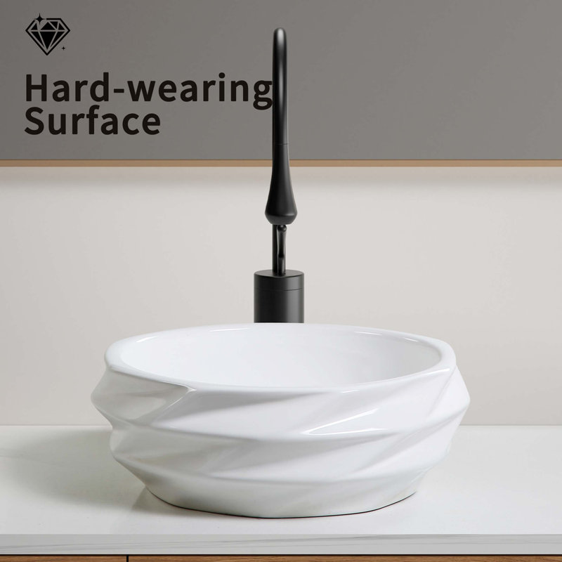 Round Diamond-Quilted Ceramic Vessel Sink - 15.75"×5.9" Textured Bathroom Basin, No Faucet Hole, Gloss Without Drain, Compact For Powder Rooms & RV