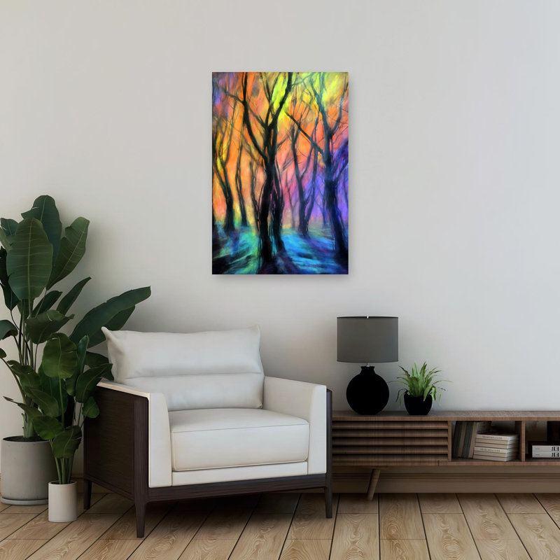 «Enchanted Forest Lights», art dramatique abstrait coloré, paysage de forêt, H 36 po x l 24 po
