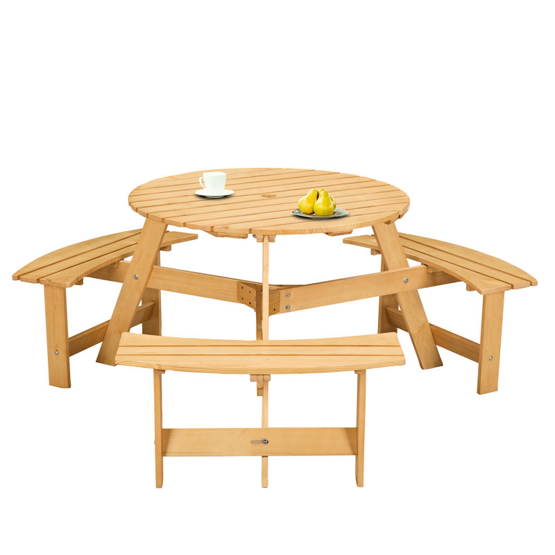 Outdoor Picnic Table For 6 People, 3 Built-In Benches And Umbrella Hole. Natural Wood, Weather-, Waterproof Garden, Backyard, Porch With - , , Suits Backyard