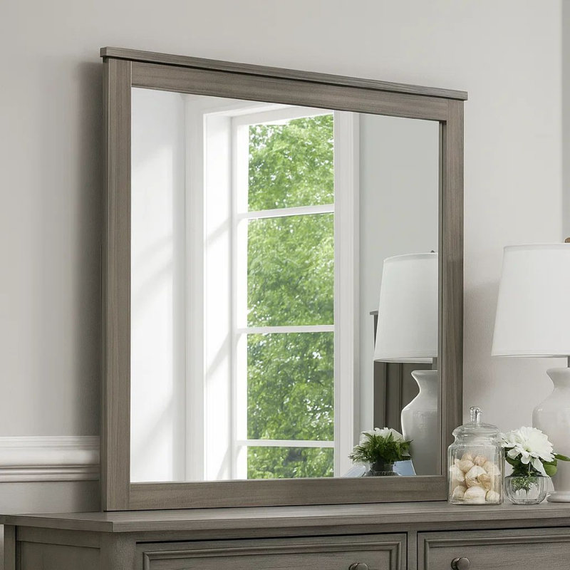 Structure en bois carrée miroir avec détails de grain, gris foncé et argent