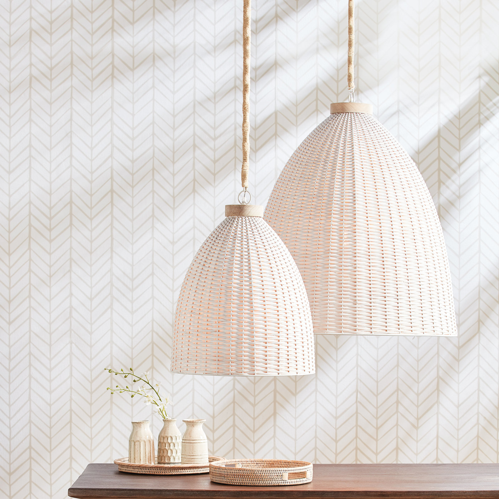 Olsen Single Light Rattan Dimmable Pendant, 92" H x 30" W  x 30" D, Whitewash