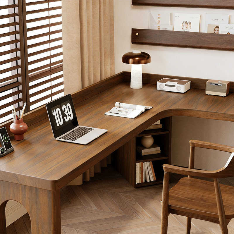 Bureau en bois massif en forme de L brun noisette, 29.53"H×86.61"L×47.24"W