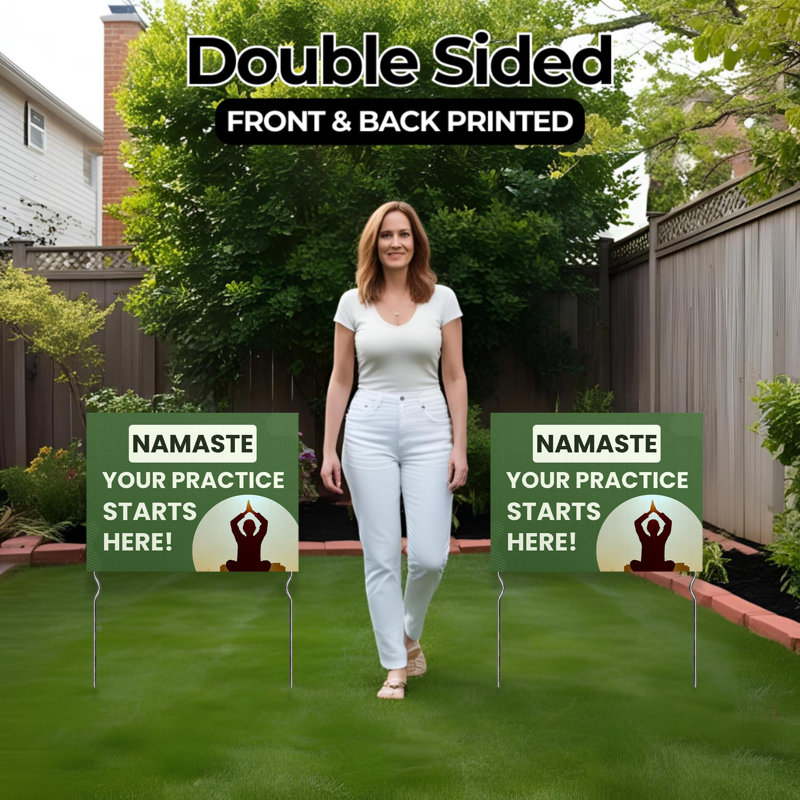 Namaste - Your Practice Starts Here! Yard Sign by DC | 24"x18" Double Sided Yoga Garden Sign with 13” Metal Stakes | Outdoor Signs Waterproof for Lawn, Patio, Sidewalk & House| Set of 2| Made in USA