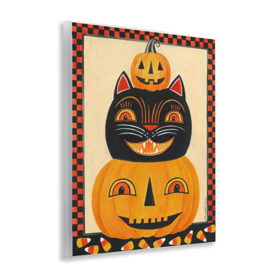 Plaque murale rétro avec citrouilles et chats souriants, design par Bernadette Deming