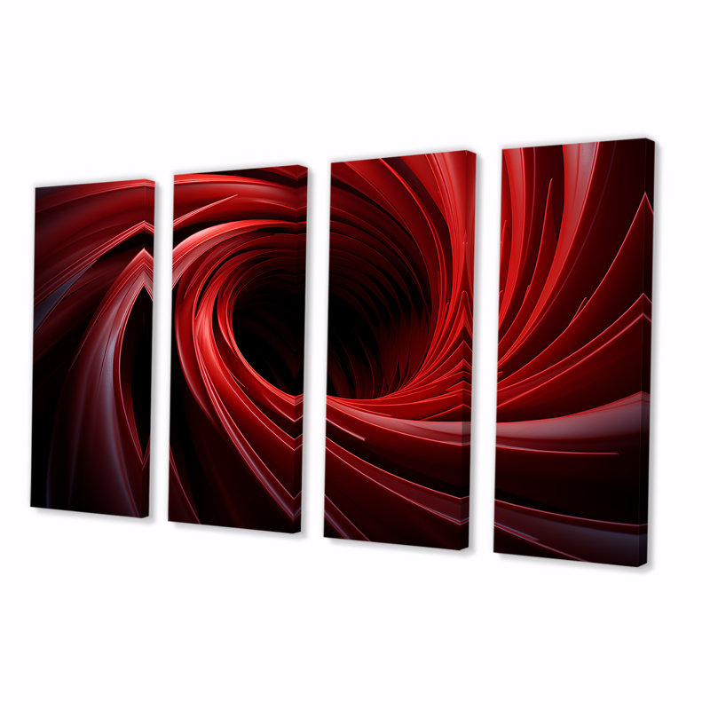 «Red Abstract Spiral Dreamscape II - Abstract Spirals», art mural 4 pièces pour le salon, H 32 po x l 64 po