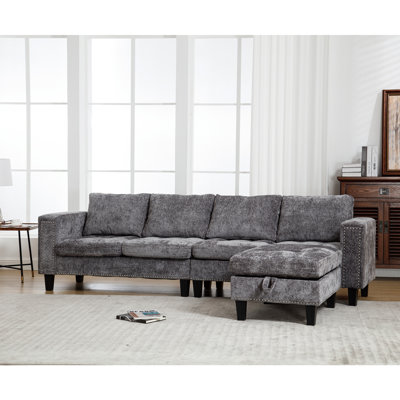 Chenille en L gris avec rangement et méridienne réversible, revêtement, gris, capacité de 5 places